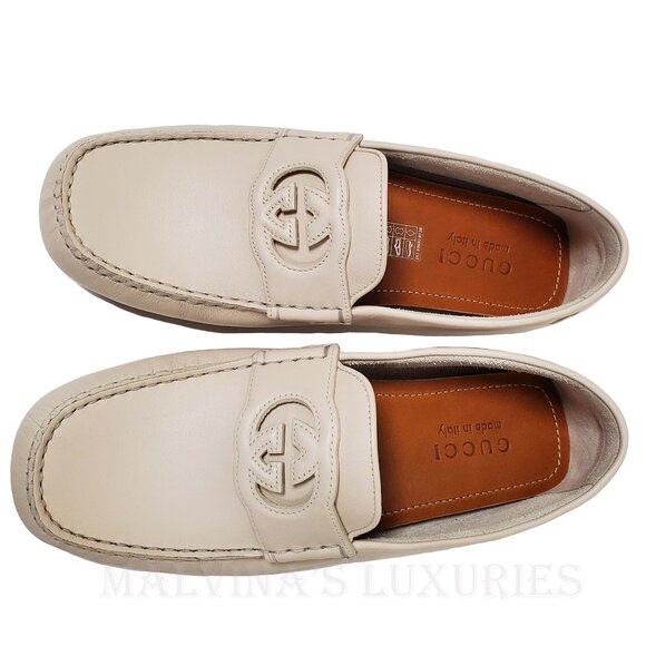 GUCCI SHOES MENS LOAFERS MOCCASINS G LOGO WHITE LEATHER sz 7.5G 8 - Picture 5 of 14